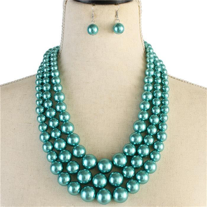 3 Strand Pearl Set-Deep Aqua