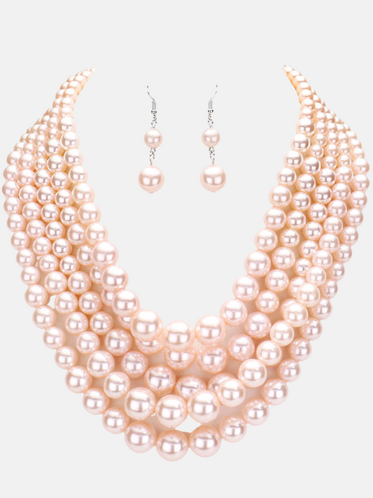 5 Strand Pearl Set-Blush/Light Pink